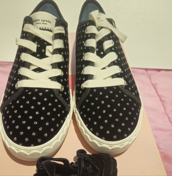 NWT & Box Kate Spade Black Velvet W Silver Glitter Womens Tennis Shoes Size 6.5